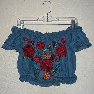 Denim Style Off Shoulder Crop Top with Floral Design - size small